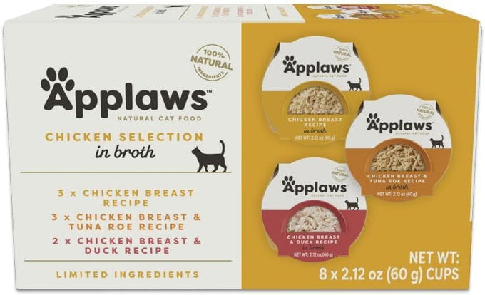 applaws natural wet cat food in broth, high protein variety pack 8 x 2.12 oz easy-open cups