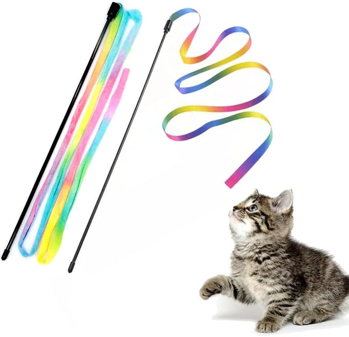 Lasocuhoo 2-pack Interactive Cat Teaser Wand String Ribbon Rainbow Charmer for Cats and Kittens