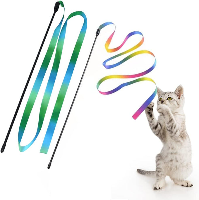 Lasocuhoo 2-pack Interactive Cat Teaser Wand String Ribbon Rainbow Charmer for Cats and Kittens