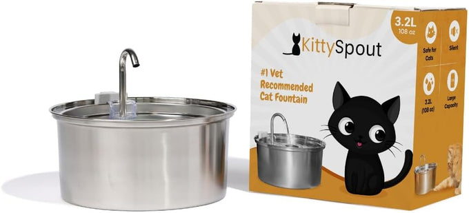 kittySpout stainless steel cat water fountain, 3.2L corded, automatic, quiet, dishwasher safe, 304 stainless steel, 1.5W pump, 20dB noise level