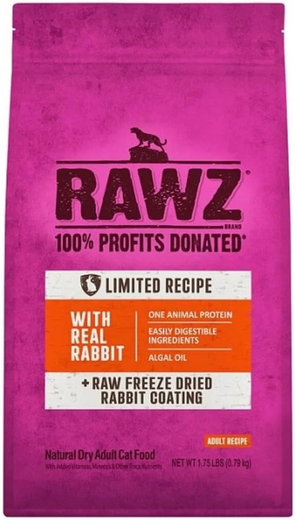 Rawz Real Rabbit Dry Food for Cats Made in USA, Freeze Dried Coating, 1.75 Pounds, No Fillers, Made in USA
