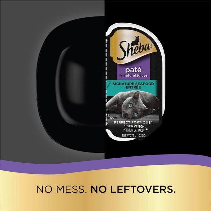 sheba perfect portions wet cat food pate with salmon, seafood, and fish variety pack, 2.6 oz twin pack trays (24 count, 48 servings)