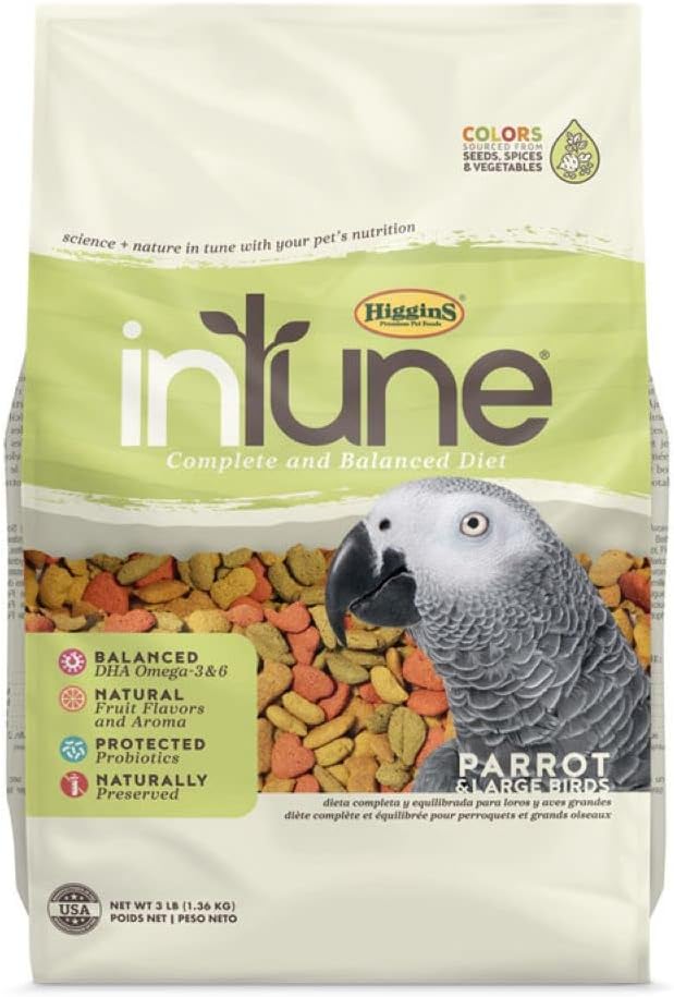 Higgins Intune Parrot food 3 lbs with DHA, omega fatty acids and probiotics, no artificial colors, flavors or preservatives, 1-3 lbs