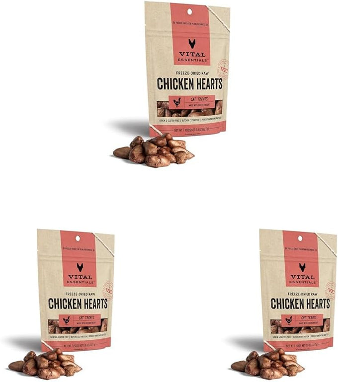 Vital Essentials single-ingredient freeze-dried raw chicken hearts cat treats, premium quality, grain free, 0.8 oz bag