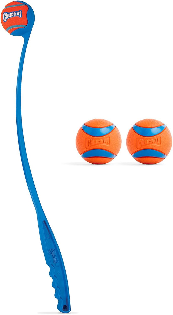 Chuckit! 12M Sport dog ball launcher for medium 2.5" balls, 20-60 lb dogs, 12" handle, made in USA, blue
