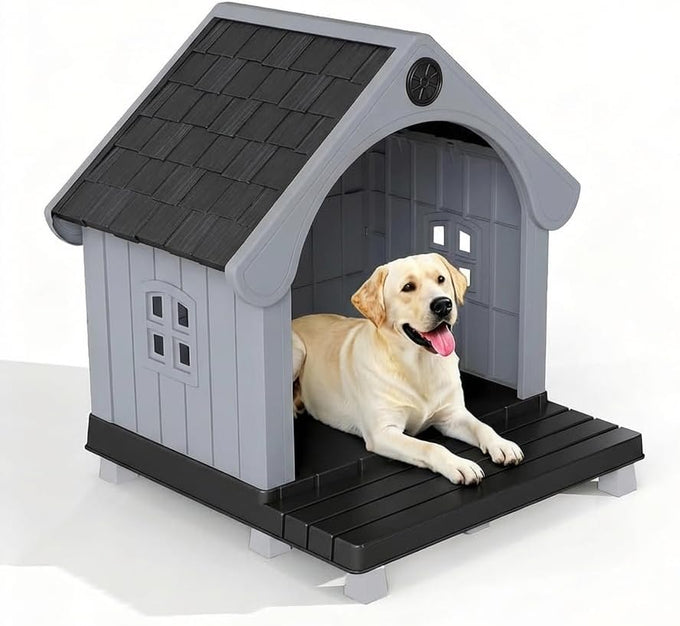 Vixzen grey small dog resin material doghouse outdoor indoor weatherproof pet shelter with air vents easy assembly
