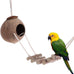 Natural wood 9-piece birdcage toy set with coconut hideaway, ladder, bird perch stand, and rope bungee toys for parrots and cockatiels