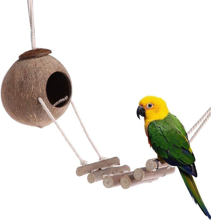 Natural wood 9-piece birdcage toy set with coconut hideaway, ladder, bird perch stand, and rope bungee toys for parrots and cockatiels