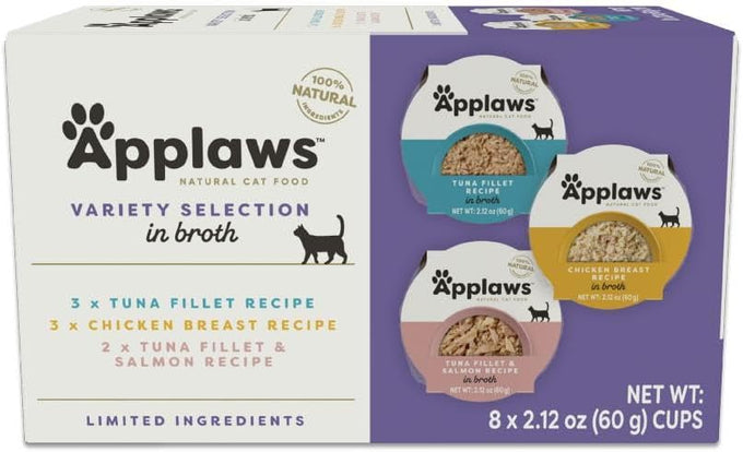 applaws natural wet cat food in broth, high protein variety pack 8 x 2.12 oz easy-open cups
