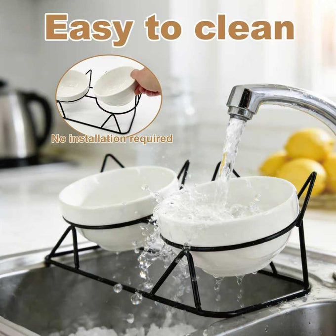  Raised Ceramic Cat Bowl Set with 15° Tilt, Double Ceramic Bowls, Easy Clean for Indoor Cats