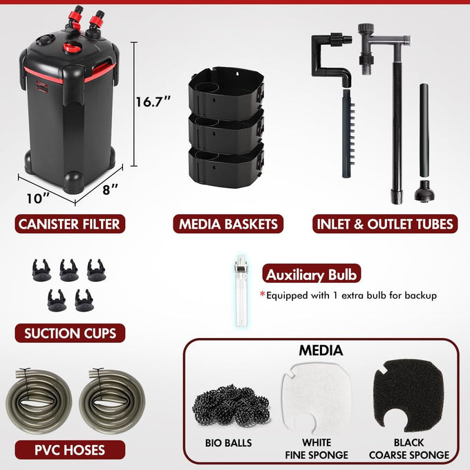 Pondforse canister filter,  external aquarium filter with ultra-quiet circulation and media for fish tanks and aquariums