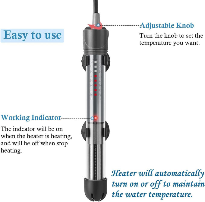 Hitop 50w submersible aquarium heater for 8-16 gal fish tanks with adjustable thermostat