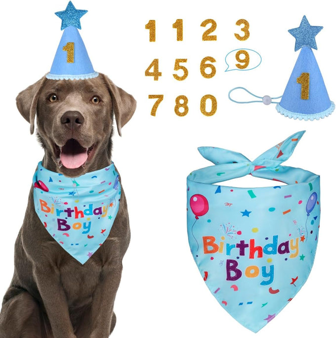 Dog Birthday Bandana Set for Large Medium Small Dogs Pet - Blue, Adjustable Hat with Numbers 0-8