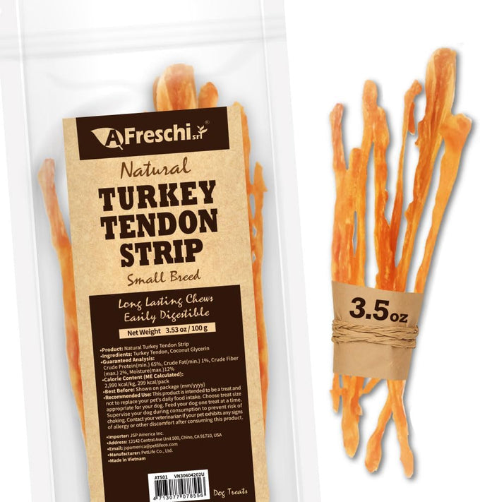 A Freschi srl Turkey Tendons for Small Breeds USA-Sourced Human Grade Long-Lasting Rawhide-Free Puppy Chews 3.53 oz Pack