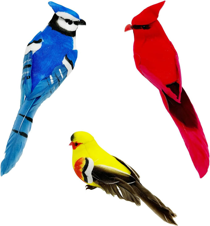 Lwingflyer 3pcs artificial birds realistic red cardinal blue jay yellow goldfinch with wire feet assorted ornaments for xmas tree decoration and crafts