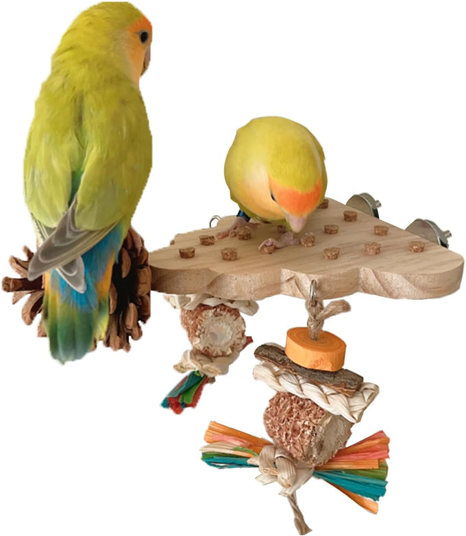 Parrot wooden toys with natural corn sticks and pine cones, fun bird cage accessories for parakeets and similar birds