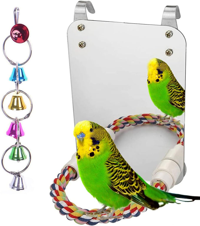 7 inch acrylic bird mirror with rope perch for grey parrots, amazons, parakeets and cockatiels