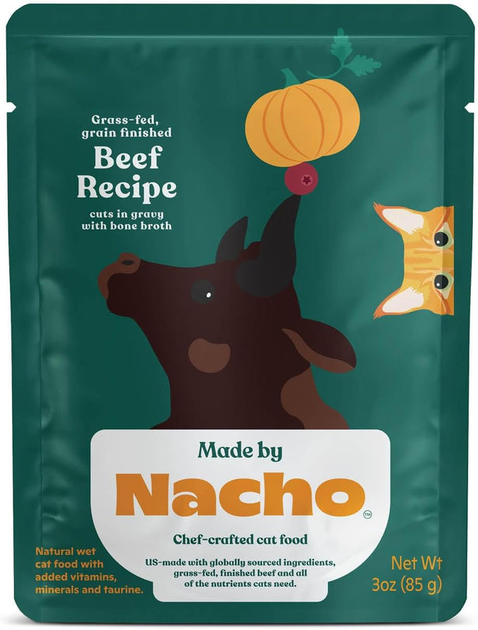 Made by Nacho Wet Cat Food, Grass-Fed Grain Finished Beef Recipe in Bone Broth, Limited Ingredients, 12 Pouches