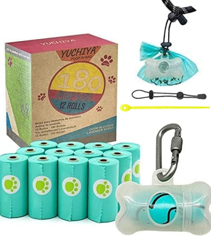 Standard-Sized leak-proof scented doggy waste bags and holder dispenser with carabiner safety lock and fastener