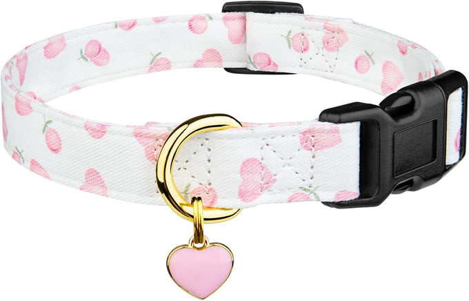 Cotton Handmade Dog Collar - White and Pink Love Heart Pattern - Adjustable - Safe for Girl and Boy Dogs