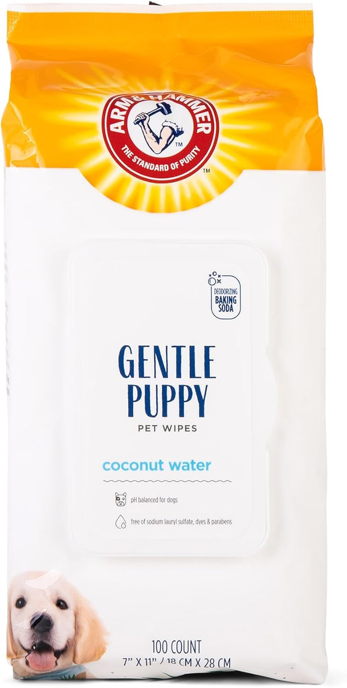 Arm & Hammer 100-count Deodorizing Dog Cleaning Wipes with coconut water, gentle for dogs and puppies, paraben and sulfate free, light coconut scent