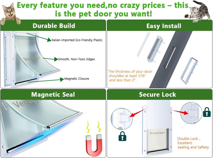 Large dog door for wood & PVC doors & walls, 10 1/8" x 15 3/4" flap opening, easy install, strong magnetic auto-close & sliding lock