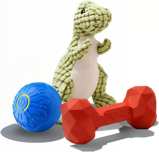 Interactive Self-Rolling Dog Toy Play Set for Puppies & Small-Medium Dogs - Includes Smart Ball, Rubber Bone & Plush Dinosaur