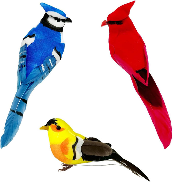 Lwingflyer 3pcs artificial birds realistic red cardinal blue jay yellow goldfinch with wire feet assorted ornaments for xmas tree decoration and crafts
