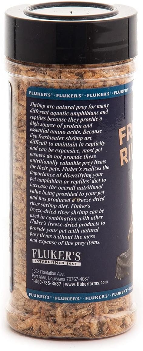 Fluker's 1 oz freeze-dried river shrimp for lizards, reptiles, birds, fish, and hedgehogs, a nutrient-packed treat