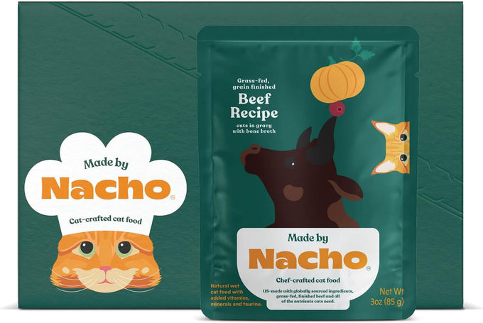 Made by Nacho Wet Cat Food, Grass-Fed Grain Finished Beef Recipe in Bone Broth, Limited Ingredients, 12 Pouches