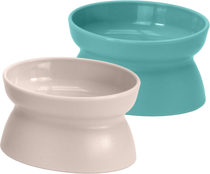 Kitty City elevated cat food & water bowls, set of 2, teal & light pink, 6.5 oz each, dishwasher safe, modern pedestal design