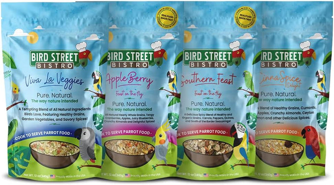 Bird Street Bistro Parrot Food - Parakeet & Cockatiel Food - 4 Natural Flavors, 3-15 Min Cooking Time, Wholesome Grains & Non-Gmo Fruits