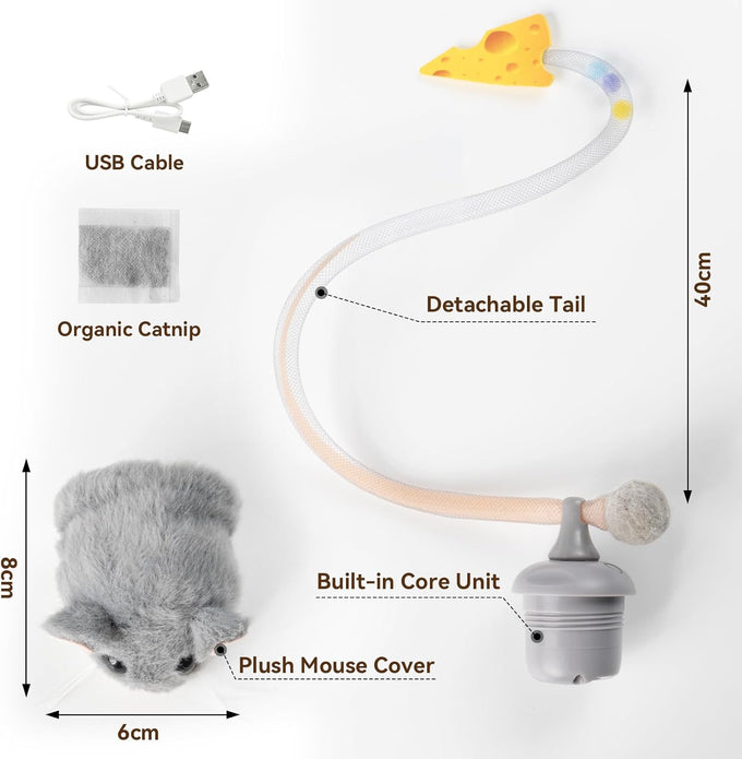 Migipaws Interactive MigiMouse Cat Toy, 360° Rolling & Spin, Grey, Rechargeable Plush Kitten Toy with Smart Motion Sensor and Realistic Squeak