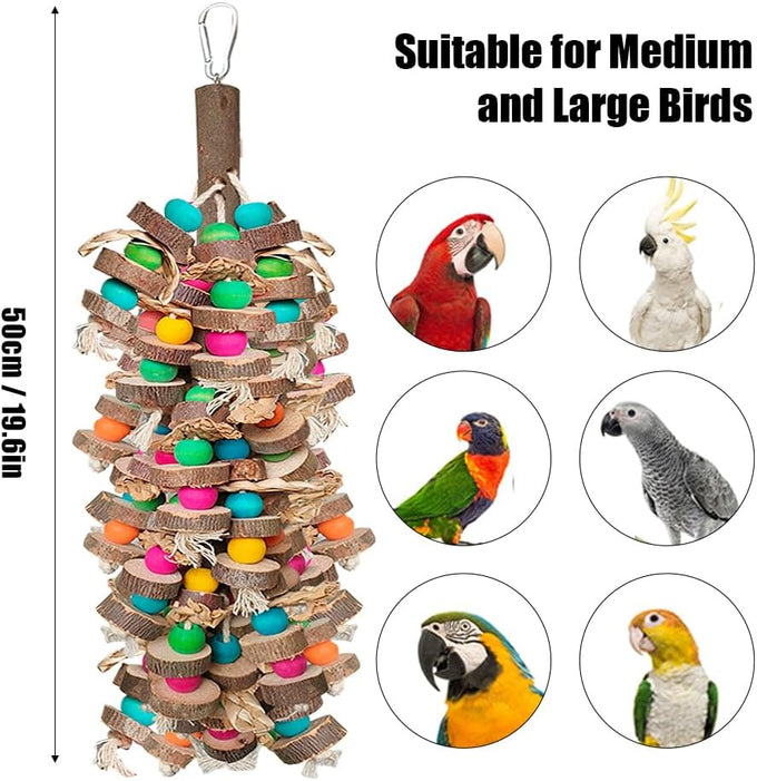Natural multicolored wooden block parrot toys for large macaws cockatoos African grey and Amazon parrots, 19.7 inch, large size