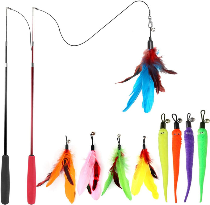 MeoHui Cat Wand Toy for Indoor Cats, Retractable 38.9 inches long, 2PCS Refill Feathers and Wands with Clasp