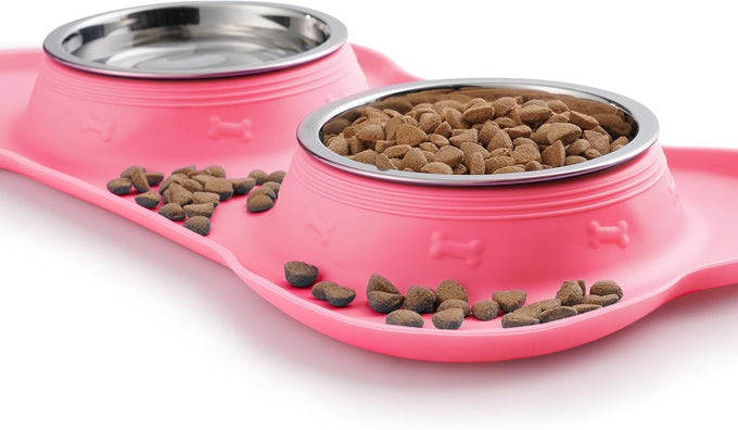 hubulk pet dog food and water bowls set with non-slip silicone mat and pet food scoop, pink, small
