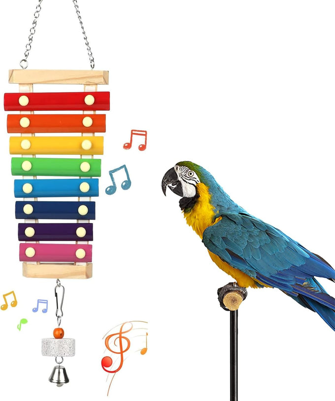 Large Multicolored Natural Wooden Parrot Xylophone Toy with Grinding Stone for Macaws, African Grey, Cockatoos, Amazon