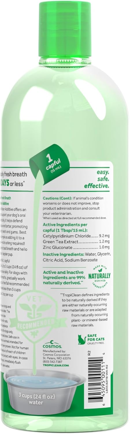 TropiClean Fresh Breath Water Additive for Dogs, 33.8oz, VOHC Accepted, No Toothpaste or Toothbrush Required