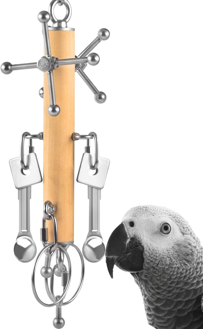 KATUMO 304 Stainless Steel and Natural Hardwood Large Bird Parrot Toy with Detachable Parts for Macaws, Cockatoos, African Greys