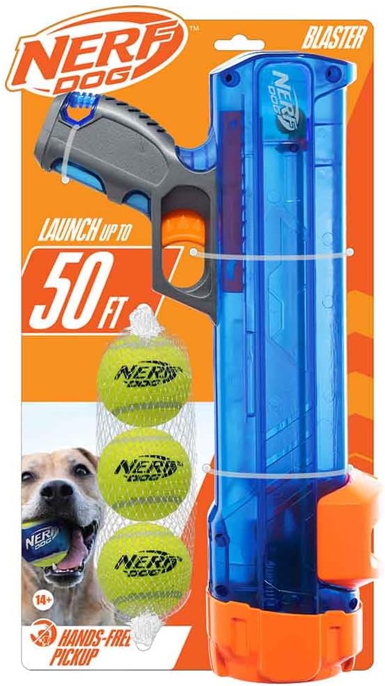 Nerf Dog Tennis Ball Blaster Dog Toy Gift Set, launches up to 50 ft, translucent blue, for all breeds