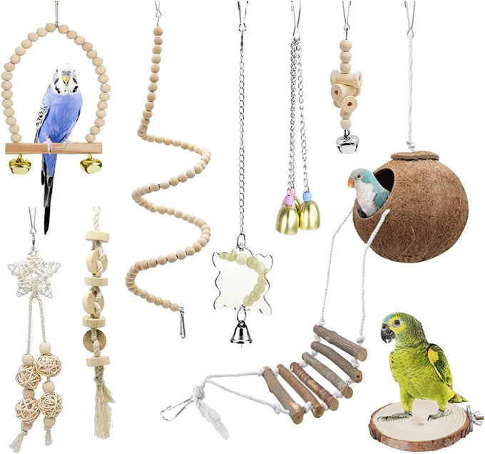 Natural wood 9-piece birdcage toy set with coconut hideaway, ladder, bird perch stand, and rope bungee toys for parrots and cockatiels