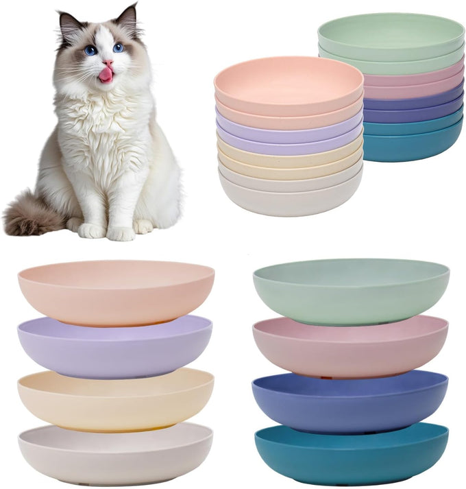 8-pack wheat straw cat dishes, shallow wide bowls for indoor outdoor cats, durable, whisker friendly, non-toxic, BPA-free