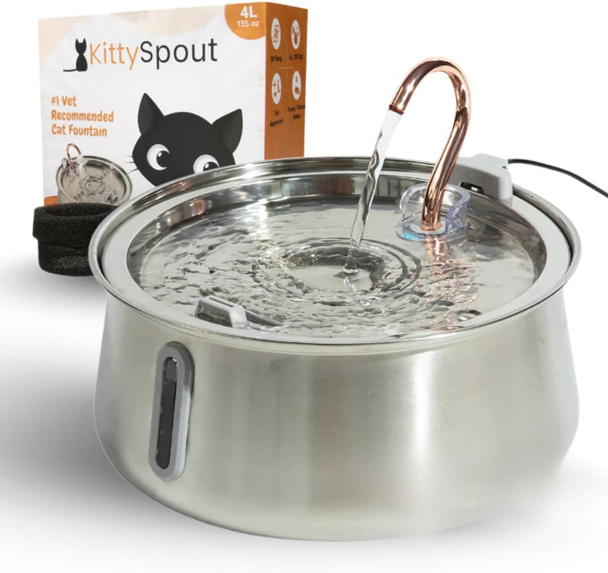 kittySpout stainless steel cat water fountain, 3.2L corded, automatic, quiet, dishwasher safe, 304 stainless steel, 1.5W pump, 20dB noise level