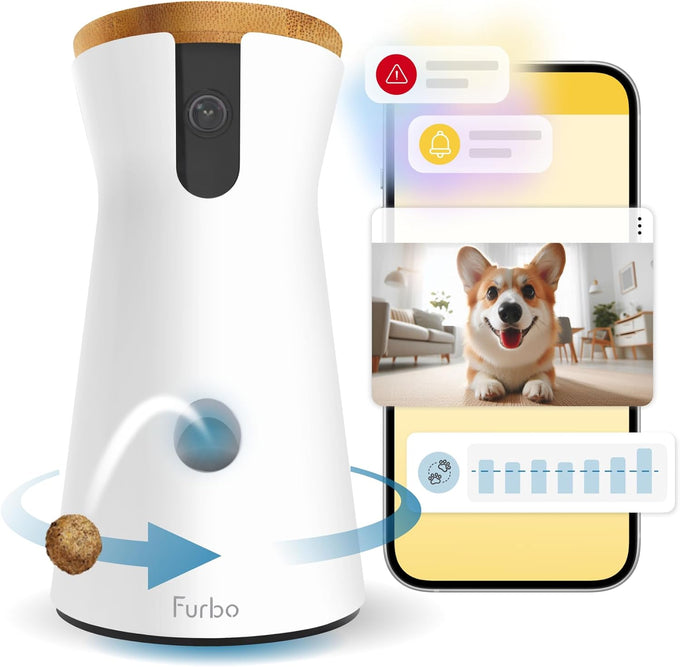Furbo 360° Dog Camera home security with 2-way speaker, rotating treat toss, and subscription required for full features
