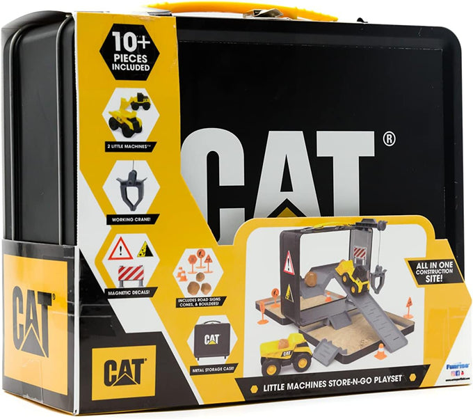 cat construction toys store n go playset tin travel case transforms into multi-level worksite, includes 2 little machines vehicles & 10+ accessories, portable stem toy for kids ages 3+