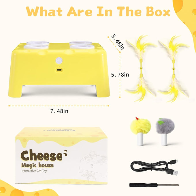 Cheese Box Interactive Cat Toy, 3-in-1 Whack a Mole Feather Toy for Indoor Cats, 4 Holes Kitten Toy, Yellow