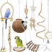 Natural wood 9-piece birdcage toy set with coconut hideaway, ladder, bird perch stand, and rope bungee toys for parrots and cockatiels
