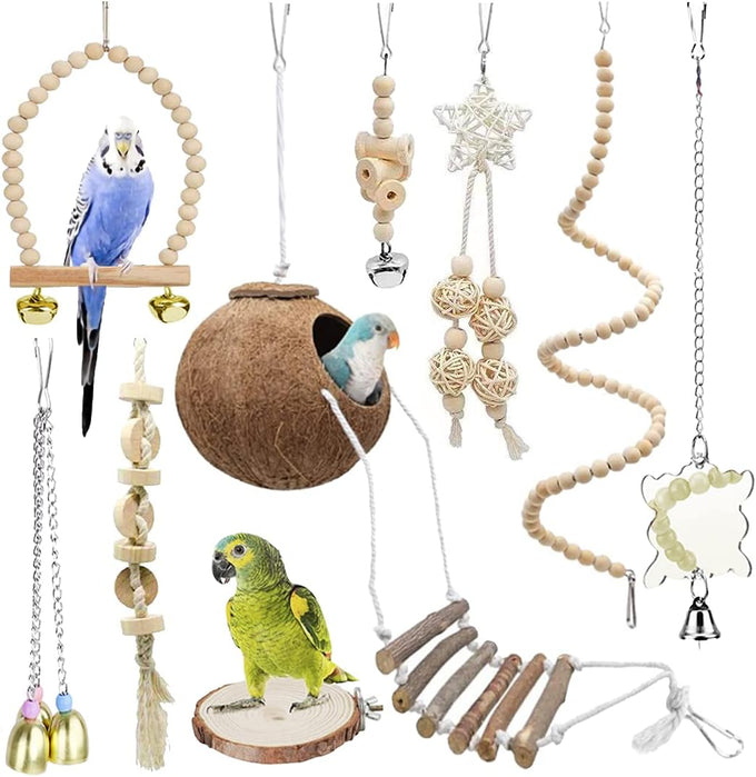 Natural wood 9-piece birdcage toy set with coconut hideaway, ladder, bird perch stand, and rope bungee toys for parrots and cockatiels