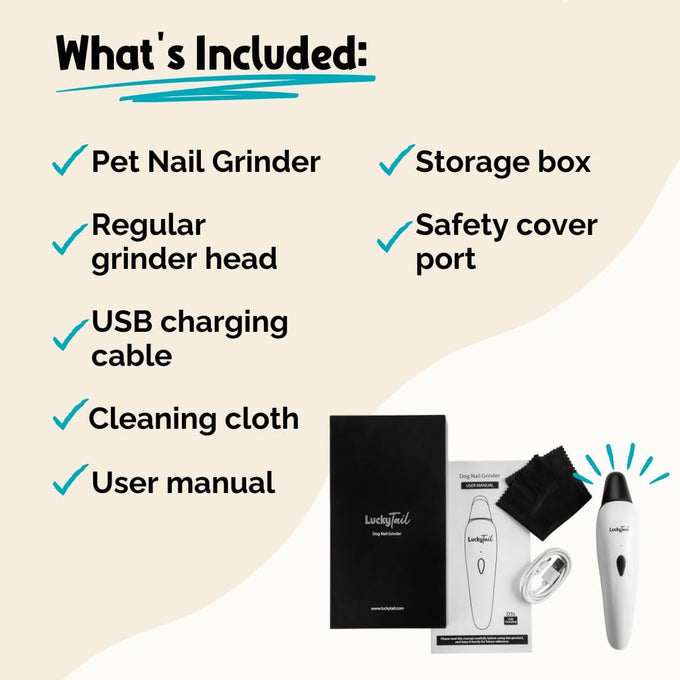 luckytail super quiet low vibration electric dog nail grinder with 2 led lights usb rechargeable 2 speeds small to large pets