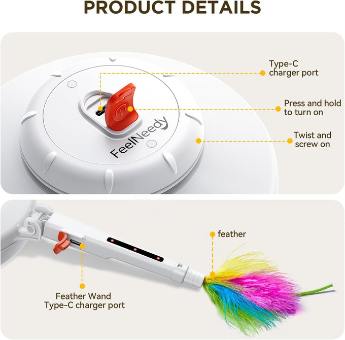 Feelnedy rechargeable cat toy with movable LED dot and feathers for indoor cat exercise and boredom prevention